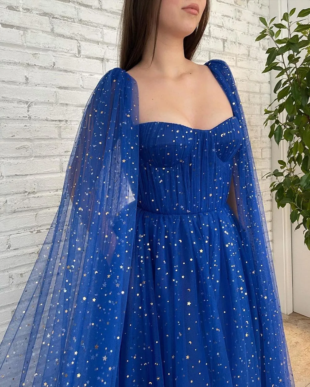 Sevintage Sparkly Royal Blue Starry Tulle Prom Dresses ยาว Cape Sweetheart A-Line ชุดพรรคอย่างเป็นทางการ2022ชุดราตรี