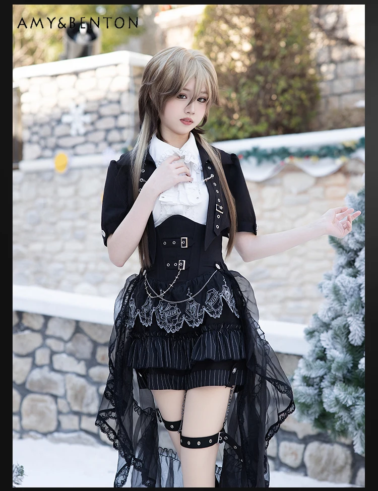 Subculture Gothic Prince Lolita Suit Retro British Court Style Doll Collar Shirt Short Jacket High Waist Striped Shorts Outfits
