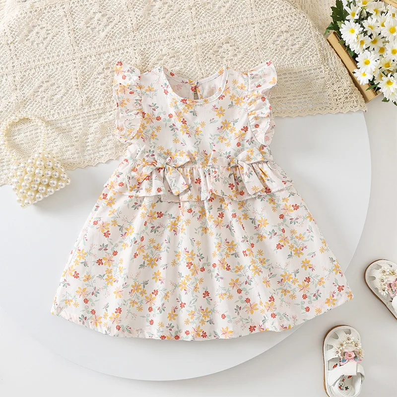 

Summer New Flying Sleeve Floral Dress with Bow Baby Girl Princess Skirt Thin Printed Cotton Dress for Children