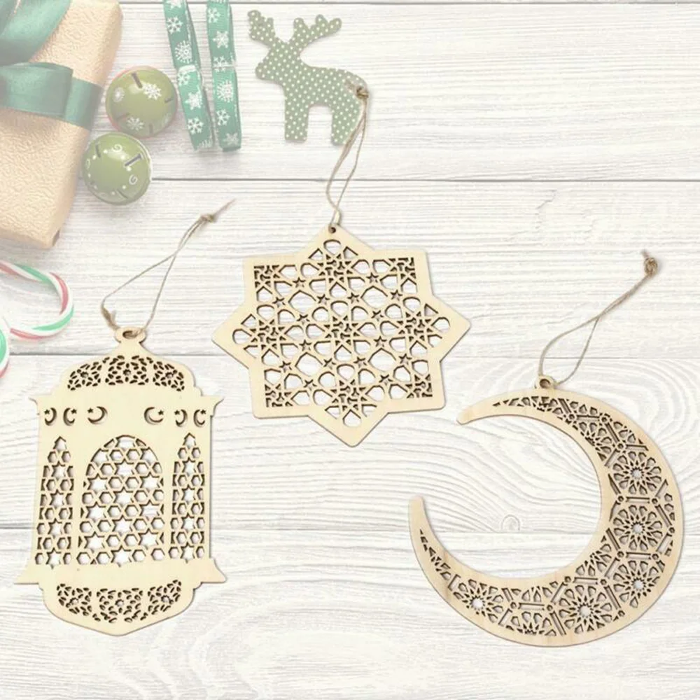 6 Pieces Wooden Cutout Pendants For Ramadan Decor DIY Eid Al-Fitr Hanging Ornaments Home Garden Decoration