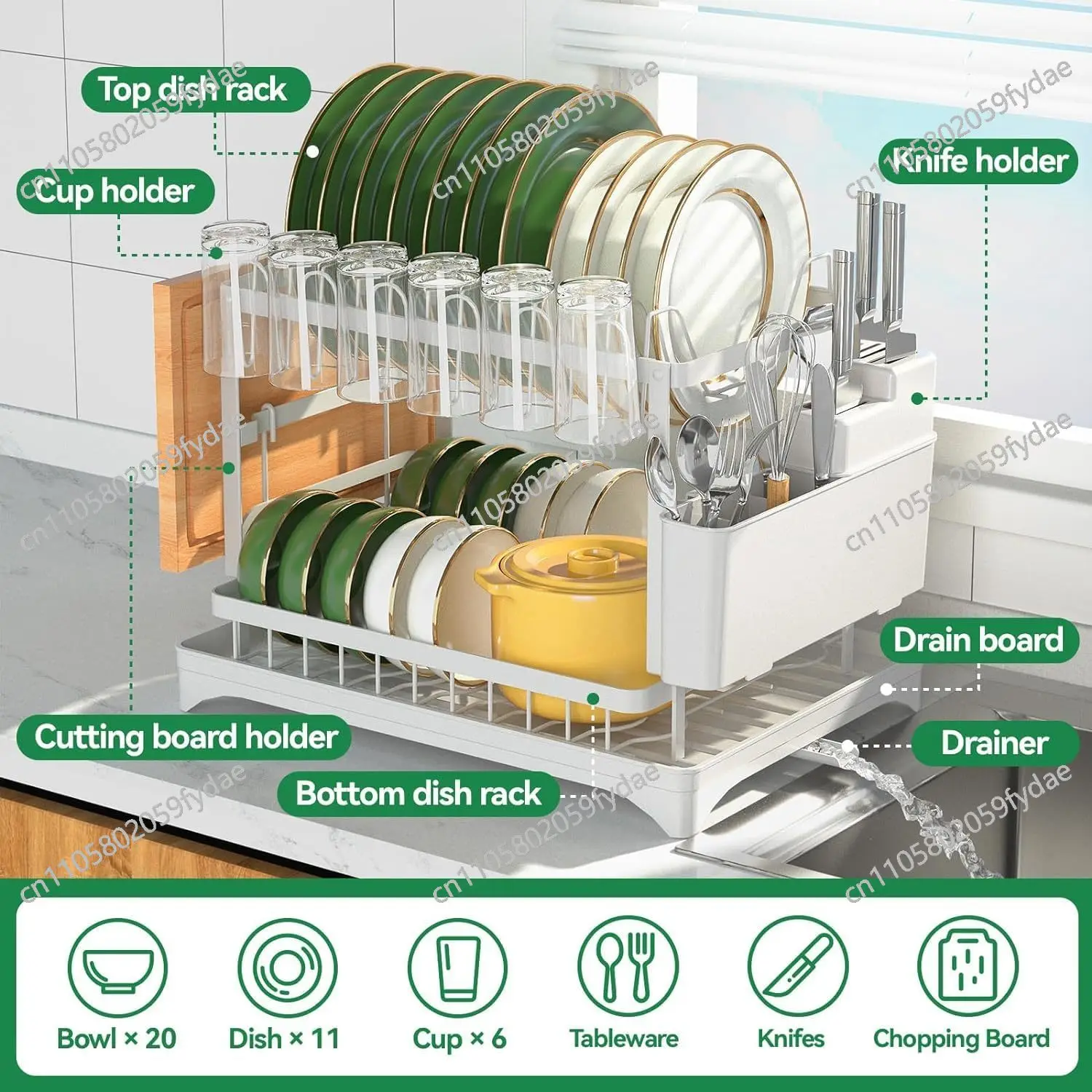 Dish Drying Rack, 2 Tier Dish Racks for Kitchen Counter, Large Drying Rack with Drainboard, Rustproof Dish Drainer Organizer