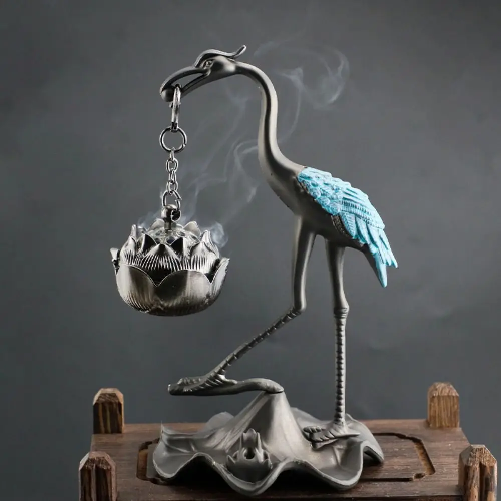 Crane Shape Crane Incense Holder Alloy Craft Handmade Lotus Crane Hanging Furnace Durable Antique Hanging Incense Tray Tea House