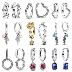 Pandora Boucles d'Oreilles Créoles en Argent Sterling 925 pour Femme, Bijoux Originaux en Forme de Cœur, de Soleil, de Lune, de Plumes, Cadeaux de ix, Nouvelle Collection