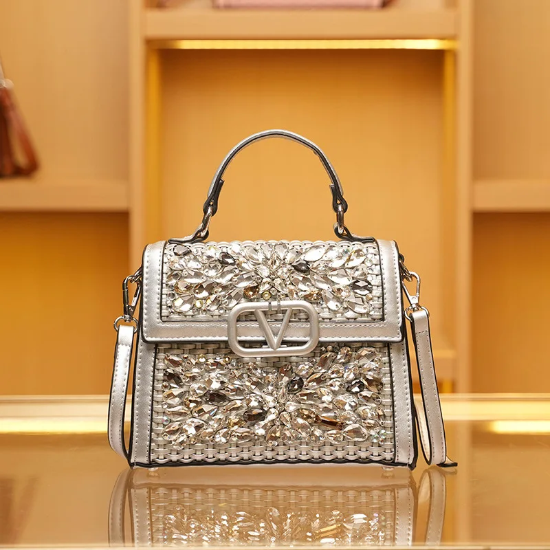 

Sparkling Crystal Evening Bag, Women's Vintage Woven Shoulder Purse, Elegant Beaded Top Handle Clutch for Wedding & Party