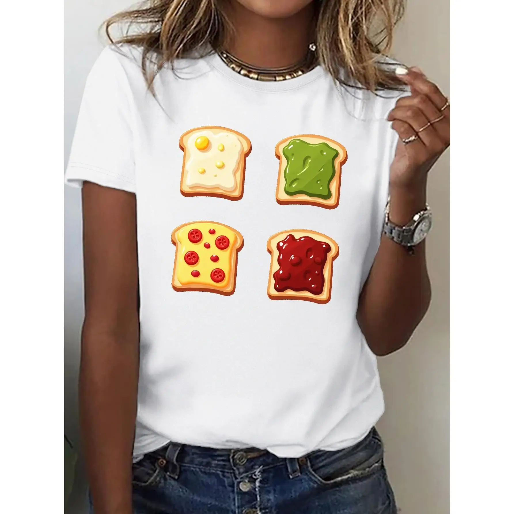 

Cartoon Toast T-shirt Women Funny Food Graphic Sarcastic Toast Butter Jam Avocado Tee