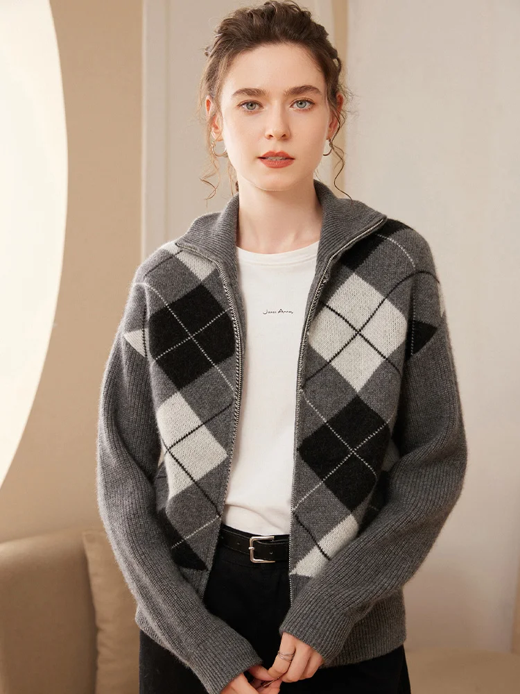 

Yoyoselect Women's 100% Cashmere Zipper Sweater Jacket Turn Down Collar Rhomboids Cardigan Thick Warm Autumn Winter Chic Coat