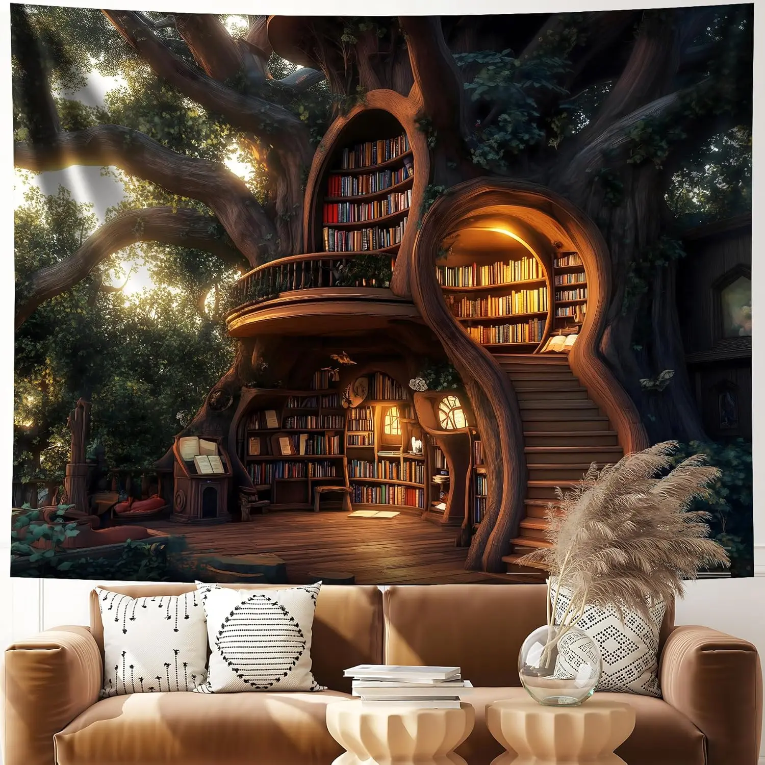 Fantasy Treehouse with Bookshelves and Sunlight Wall Mural 2D HD Print Whimsical Scene Nature Landscape Home Bedroom Tapestry