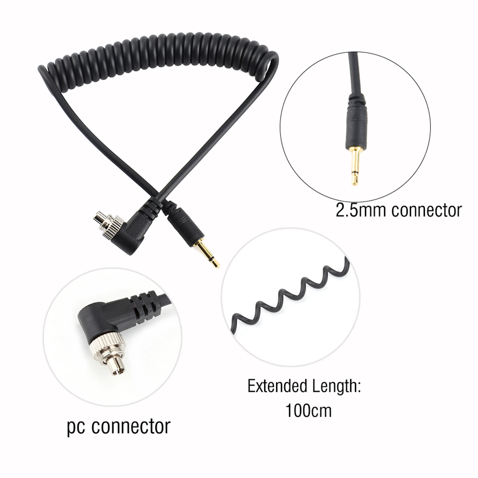 Flash PC Sync Cable Flash Sync Cord 2.5mm to Male Flash PC Sync Cable Cord with Screw Lock Extended Coiled Wire Flash Sync Cable