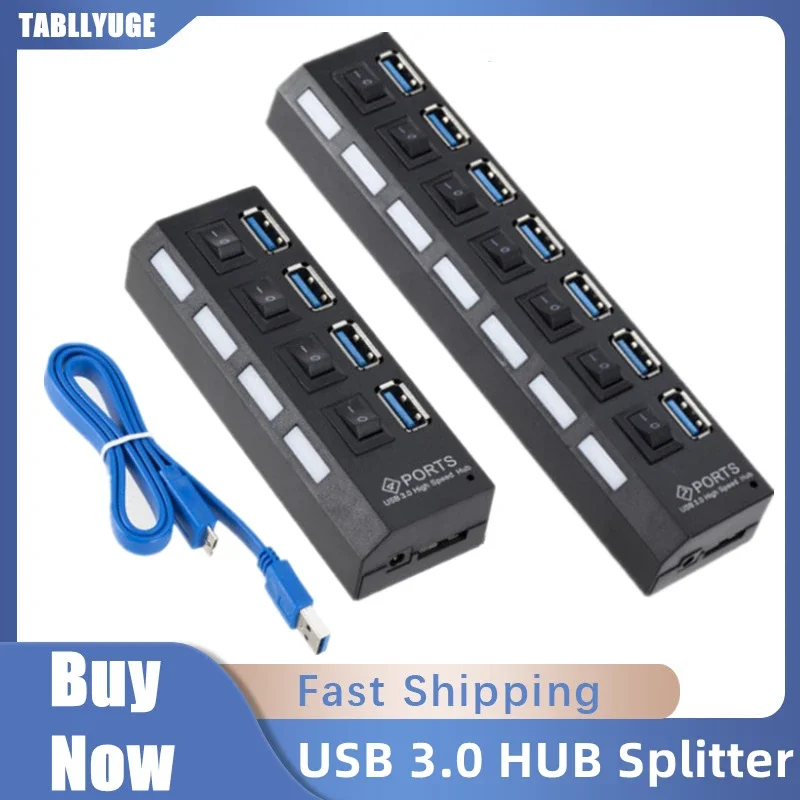 

USB Hub Splitter With Individual Switch USB 4/7 Port Splitter Individual Switch USB Adapter Hub Multi-Port Socket Powered ON/OFF