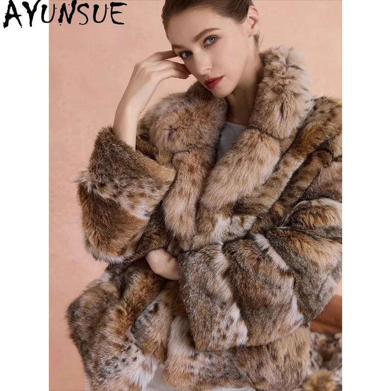 AYUNSUE Real Lynx Fur Coat Woman Suit Collar Fur Jacket Short Winter Coats for Woman High Luxury Woman Clothing Fourrures Femmes