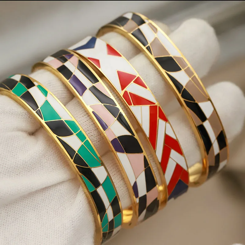316L Classic Stainless Steel Oil Painting Flower Bracelet for Women Elegant Bangles Rust-proof Geometric Bangle Wrist Jewelry