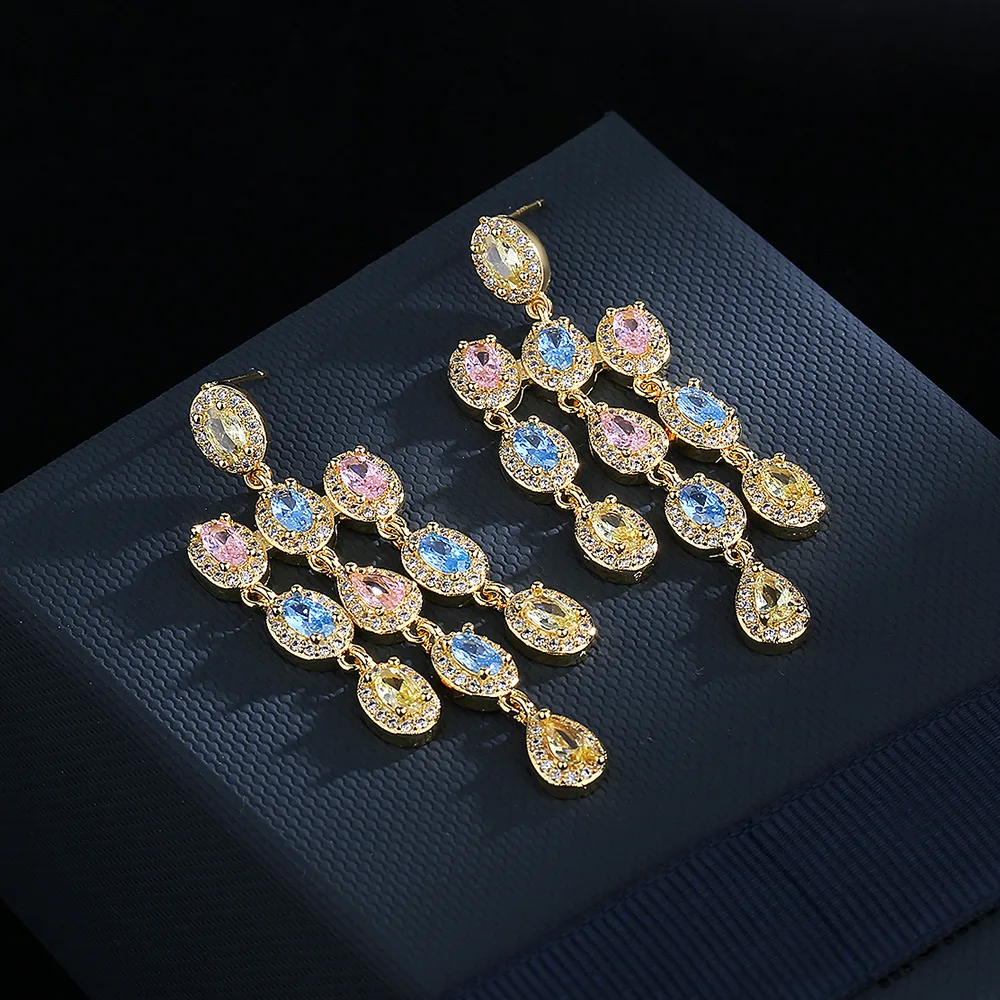 S925 الفضة الفاخرة مايكرو مجموعة الزركون رائعة الملونة الزركون كبار الأقراط الطويلة السيدات حفلة عيد ميلاد مجوهرات هدية