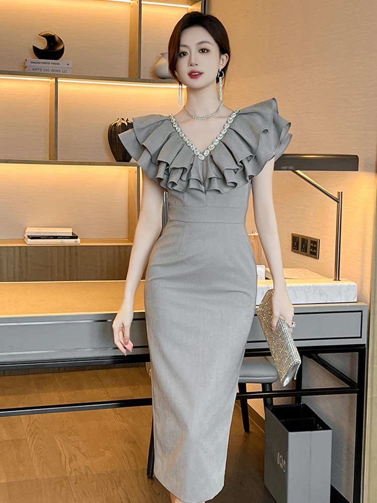 

Professional Women's Elegant Formal Dress Ladies Sexy Grey Diamonds Ruffles Backless Midi Robe Female Business Party Vestidos