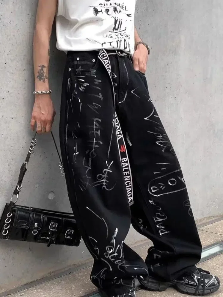 Hip Hop Streetwear Baggy Jeans Letters Graffiti Black Y2K Denim Pants Spring and Fall New High Street Men's Loose Straight Pants