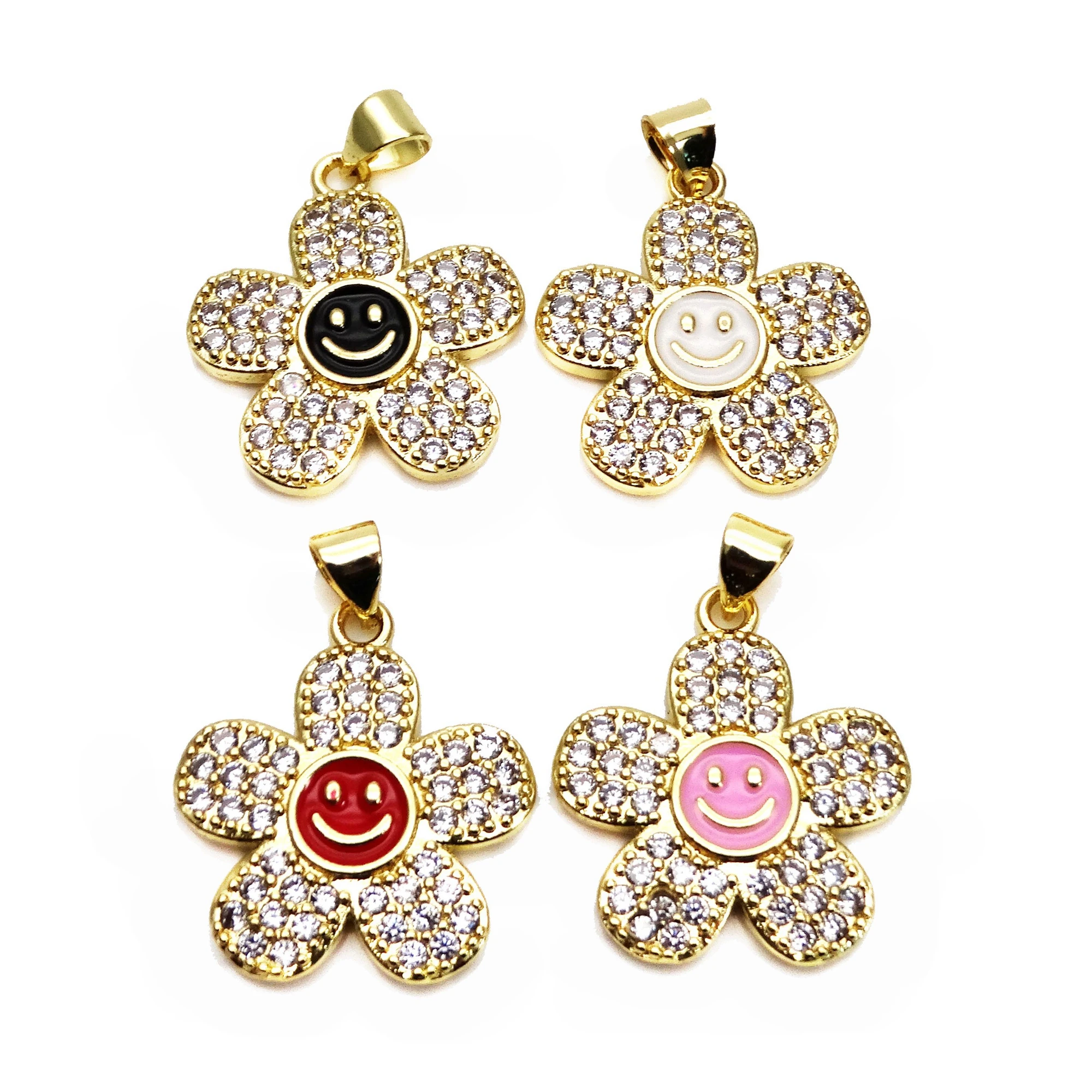 Flowers pendant Lovely smiling face charms micro zircon Gold plated pendant DIY bracelet necklace maked fittings accessorie
