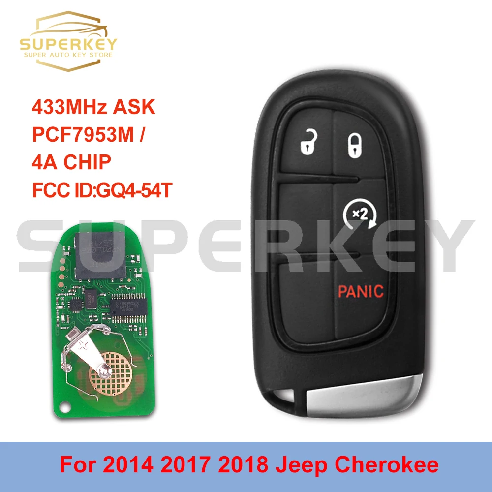 

SUPERKEY GQ4-54T Smart Remote Car Key Fob 4 Buttons 4A For 2014 2017 2018 Jeep Cherokee 68141580 AC AF AG AB 433MHz PCF7953M