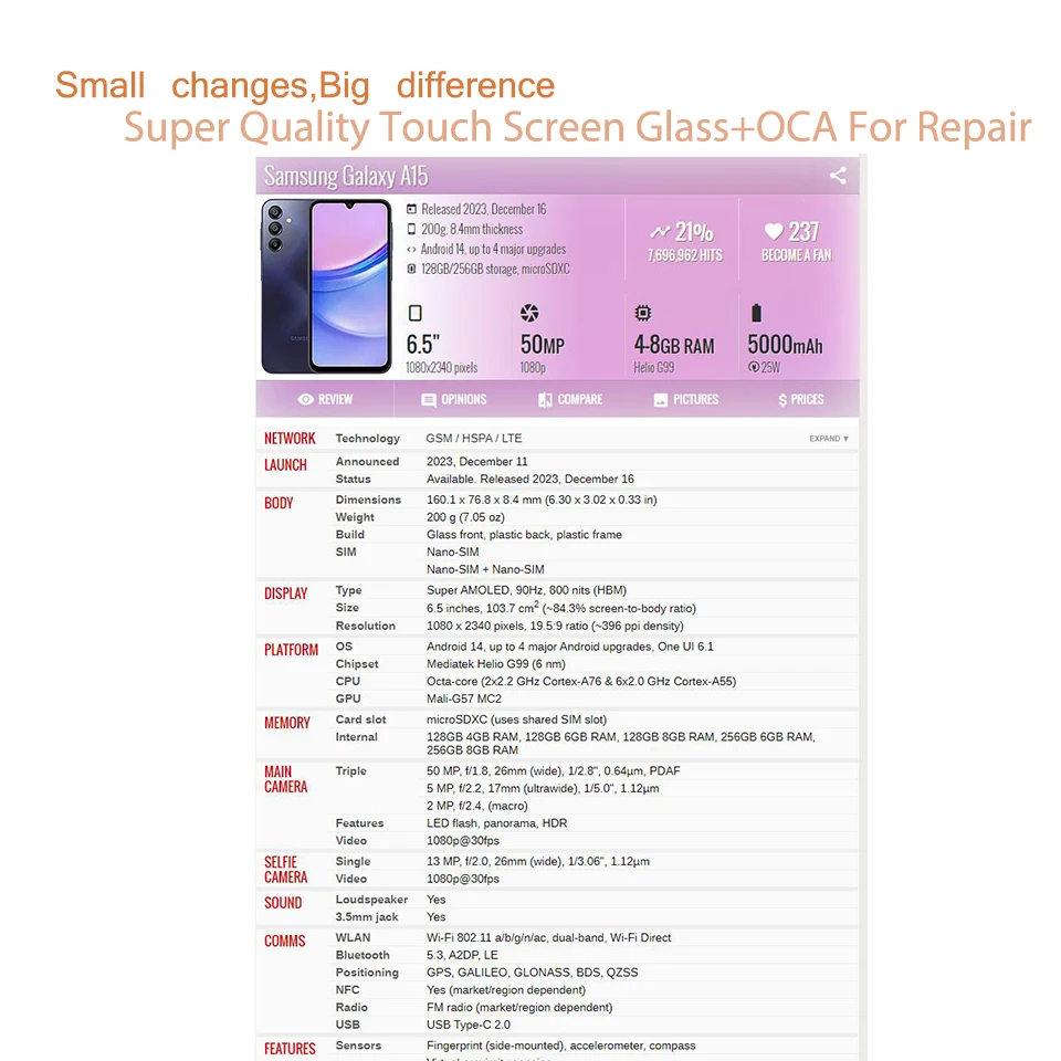10 szt. Panel dotykowy, przednia szybka z OCA do Samsung Galaxy A17 A16 A14 A24 A34 A54 A15 A25 A35 A55 A13 A23 A33 A53 A73 — zdjęcie produktu 3