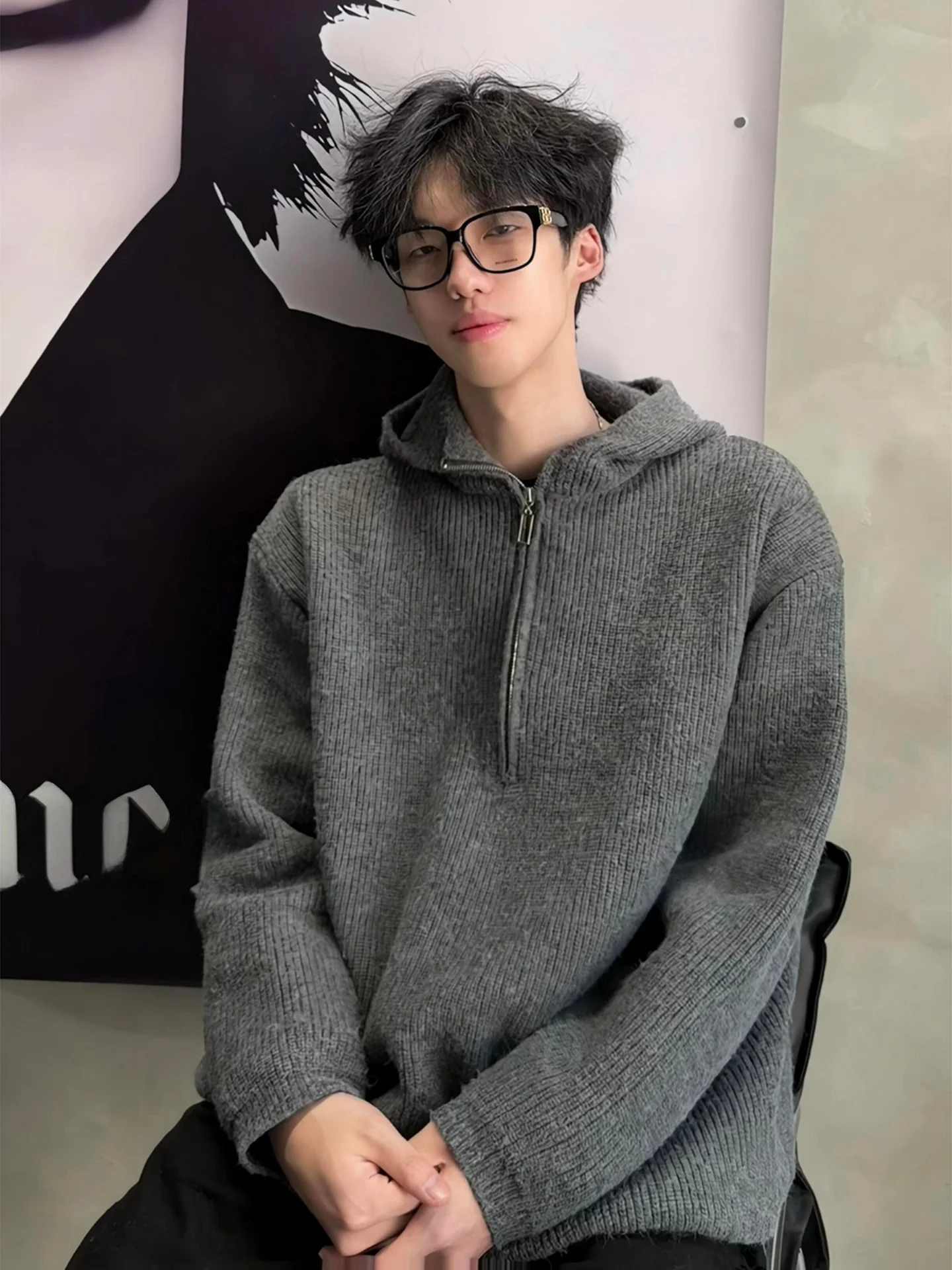 

Мужской зимний утепленный вязаный свитер с капюшоном в американском стиле, модная верхняя одежда на молнии, свободный крой