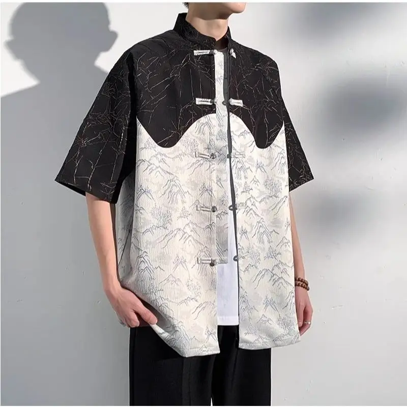 Spring Summer New Fashion Stand Up Collar Men's Clothing Frog Short Sleeve Ropa Hombre Printed Patchwork Loose Vintage Shirts