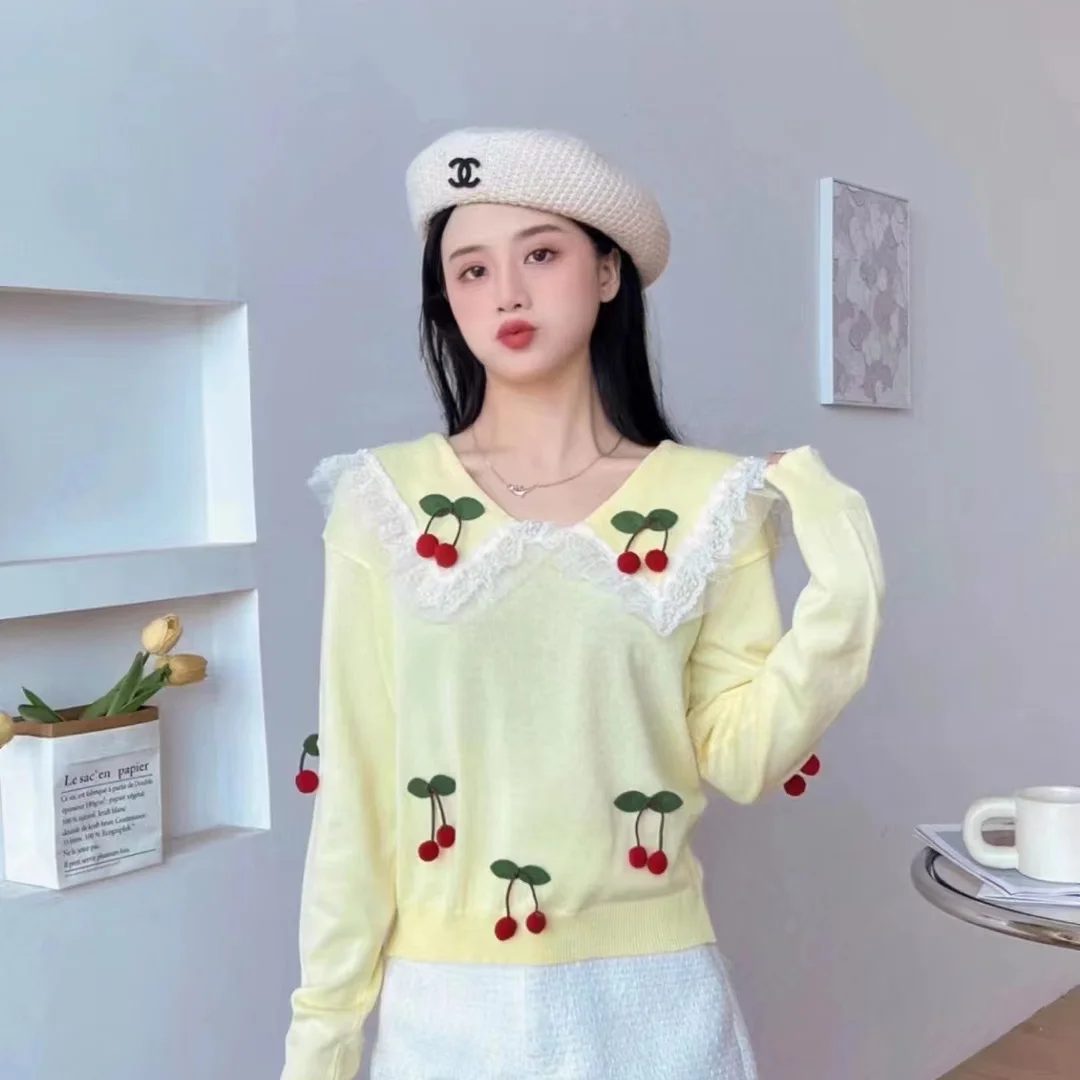 Cherry Doll Neck Knitted Sweater Slim Fit and Versatile Spring New Style Western-style Pullover Long Sleeved Top