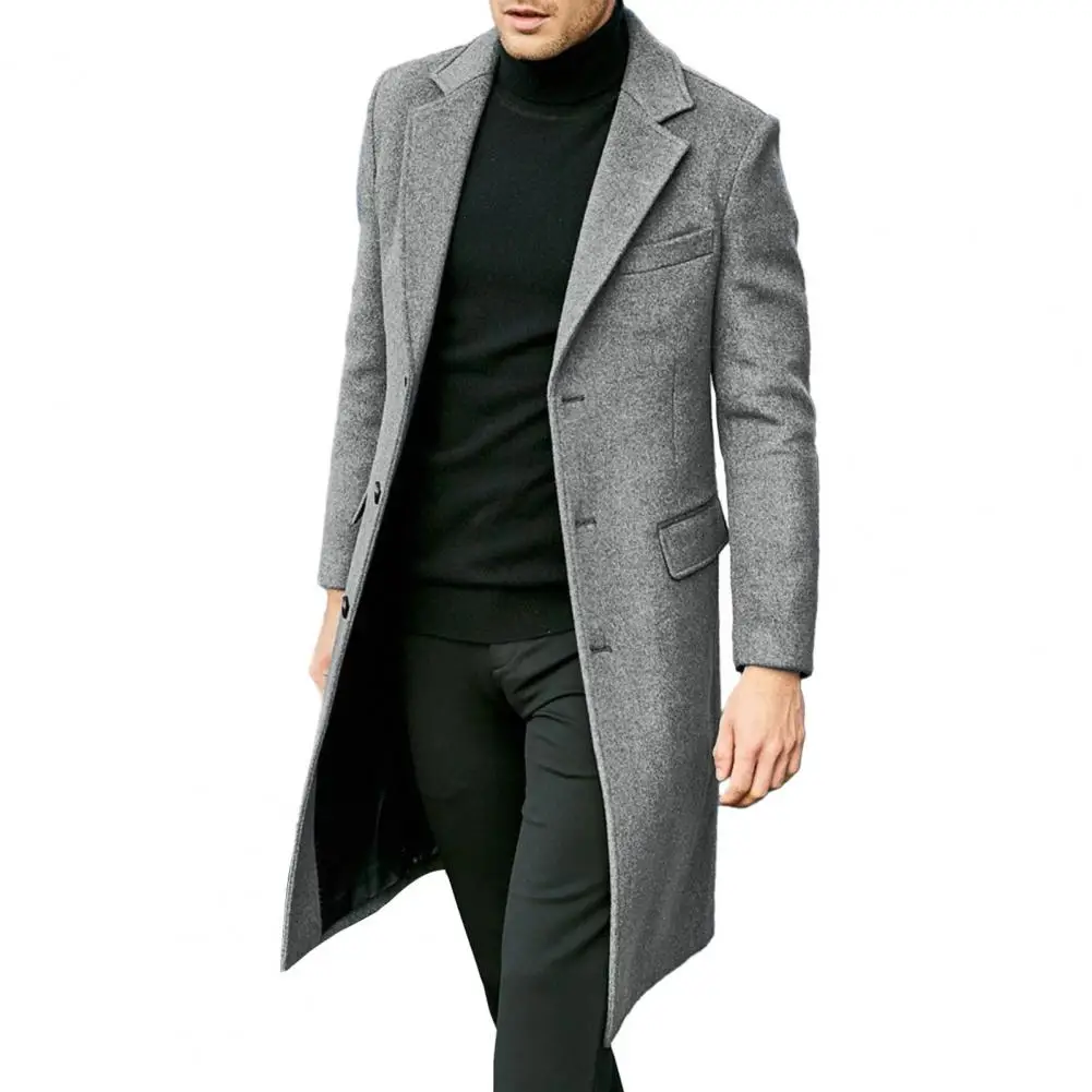 

Knee-length Coat Men Formal Coat British Style Men's Autumn Winter Long Coat with Turn-down Collar Single-breasted Split Thick