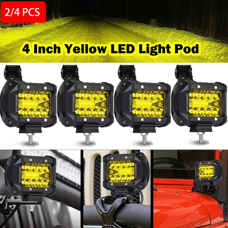 

2/4Pcs 4 Inch Yellow LED Pod Lights Spot Flood Combo LED Fog Driving 4x4 Off Road Lights Work Lights for Truck Boat ATV UTV Jeep