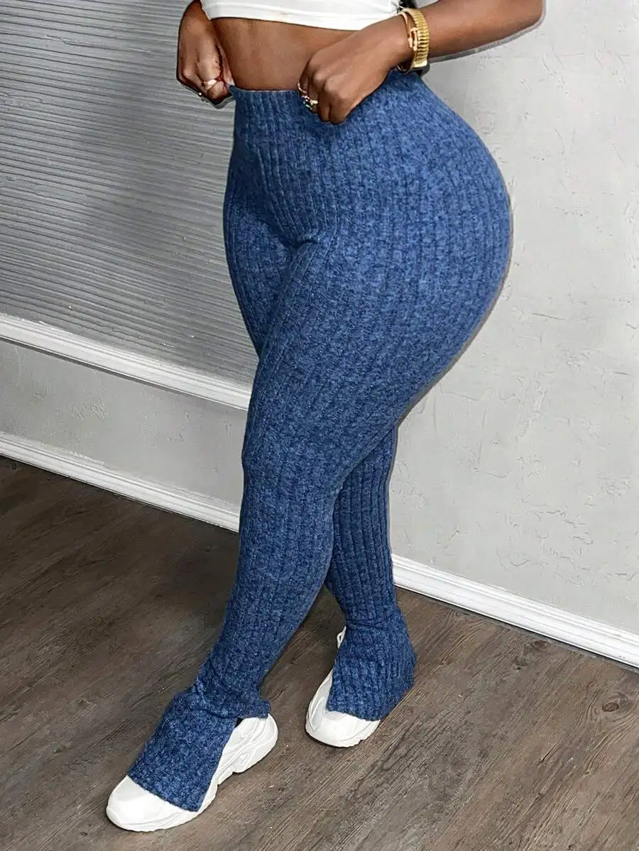 

Women's Ribbed Knit High-Waist Flare Leg Pants with Slit Hem