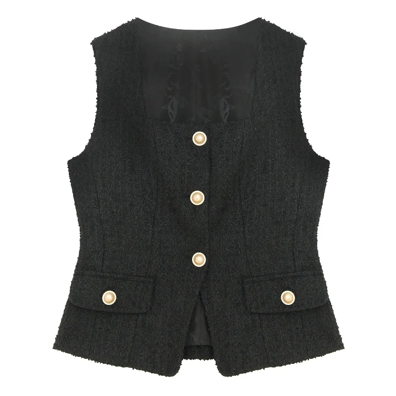 

High Quality Square Collar Small Fragrant Black Vest Jacket Women Fashion V-neck Sleeveless French Vintage Tweed Lady Coat