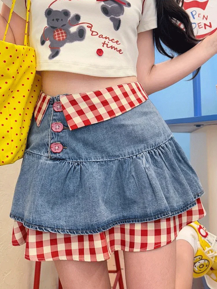 American Fake Two-piece Design-sensory Denim Skirt Women 2025 Summer New Y2k Hot Girls Slim A-line Short Skirt