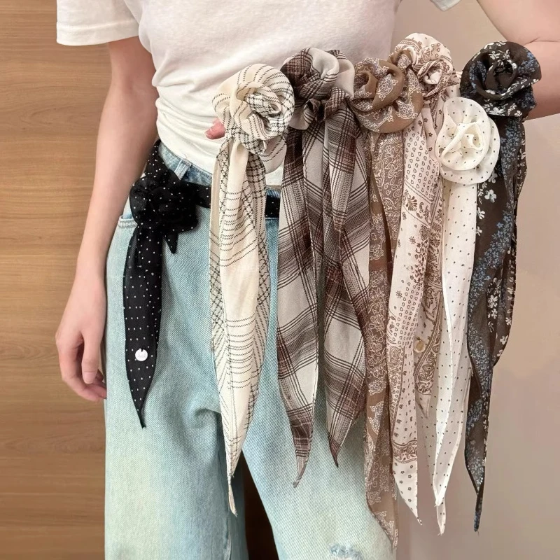 Polka Dot Rose Flower Silk Scarf Women Multi-functional Long Waistband Belt Neck Scarf Neckerchief Silk Headscarf Headbands 1pc