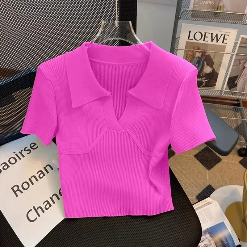 New Summer Neck Design Sense Solid Color Women's Knitting Pullover Sweater Popular Short Sleeve Elegant Femme Jumper