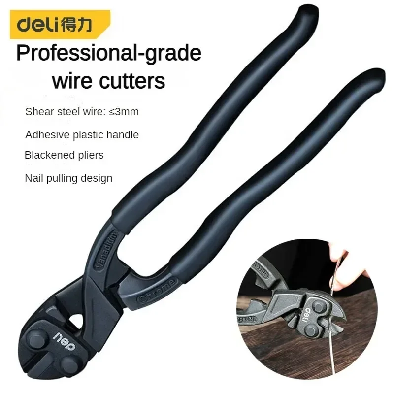 Deli Bolt Cutters 8 inch Black CR-V Steel Wire Cutters Multifunction Pliers with Nail Pulling Structure Household Hand Tools