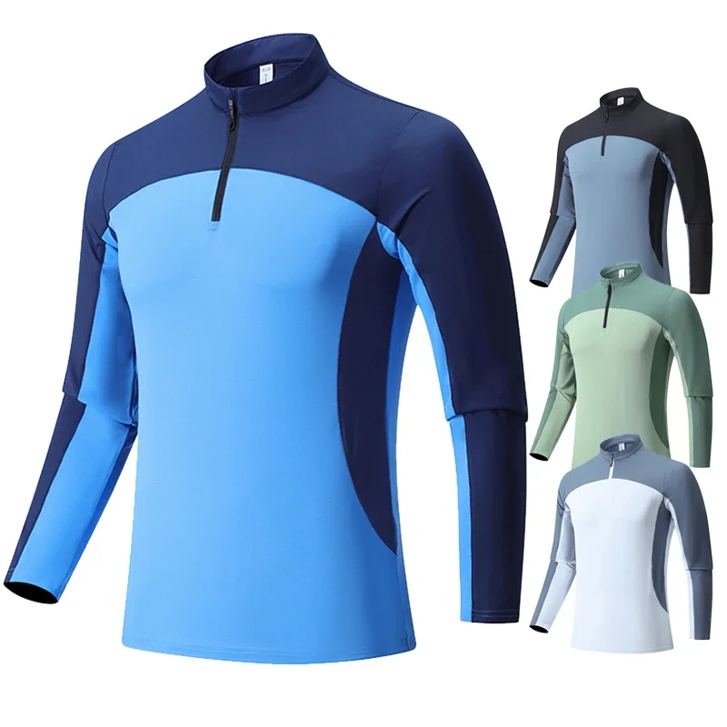 Esportes ao ar livre masculino escalada caminhadas manga longa gola zip-up de secagem rápida respirável suor-absorvente elasticidade camiseta