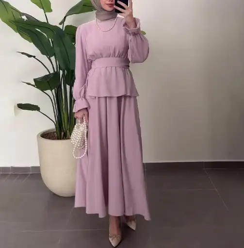 

Осенний женский комплект для поездок на работу с однотонной шифоновой рубашкой с круглым вырезом и рукавами-фонариками и юбкой-трапецией с высокой талией