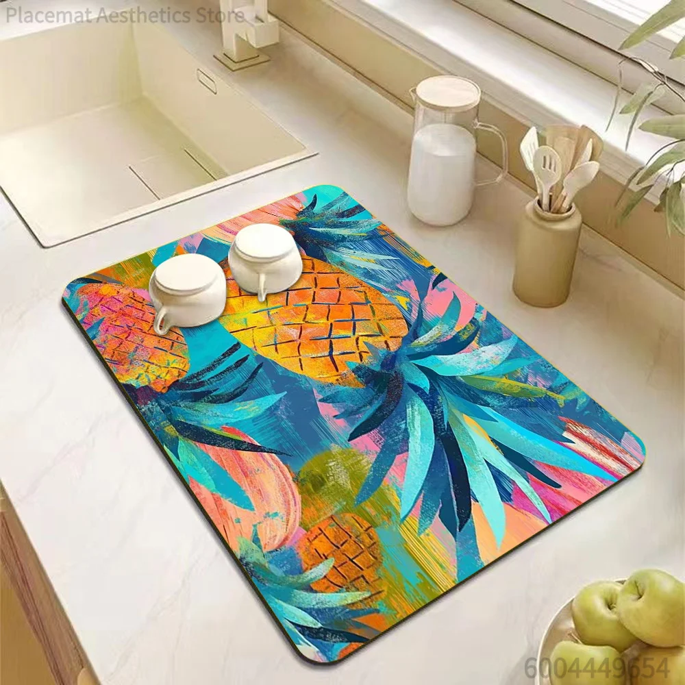 Abstract Tropical Fruit Print Super Absorbent Drying Mat Waterproof Kitchen Counter Coffee Maker Drain Pad Decor Placemat