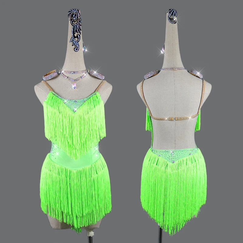 Latin Dans Jurk Sling Fringe Rok Diamant Concurrentie Kleding High-End Custom Volwassen Kind Professionele Prestaties Kleding