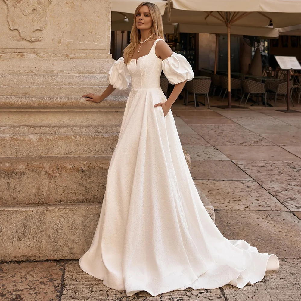 Modern Detachable Puff Sleeve Wedding Dress Square Collar Spaghetti Straps Bridal A-Line Floor Length Sexy Open Back Gowns Robe