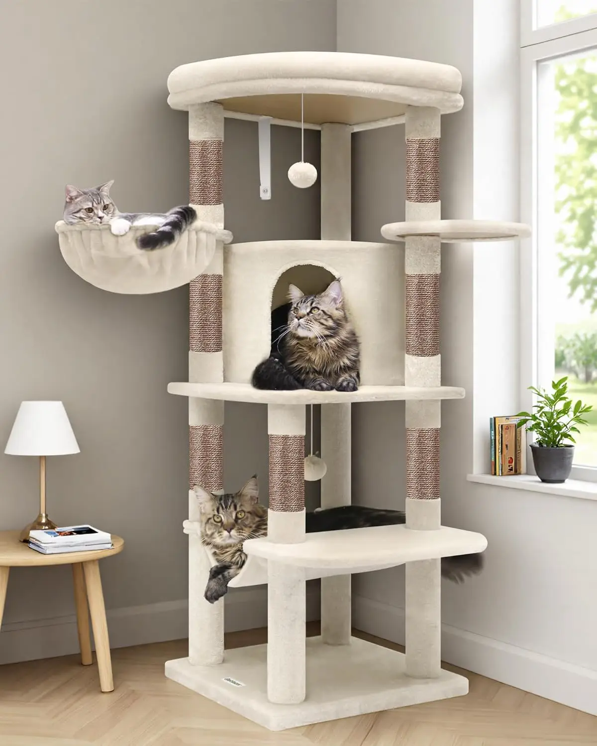 

Corner Cat Tree Tower with Scratching Post for Indoor Cats, 51in Plush Multi-Level Cat Tower with Large Hammock, Fan-Shaped