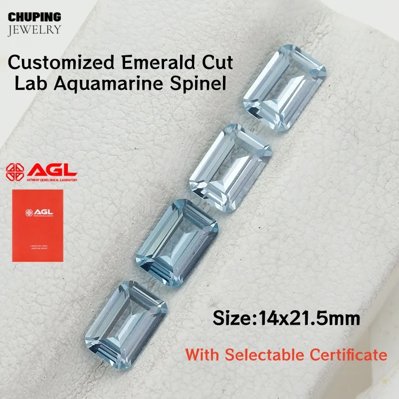 

Premium Customized Lab Aquamarine Spinel14x21.5mm Emerald Cut Flame Melted With Certificate For Jewelry Making Loose Gemstone