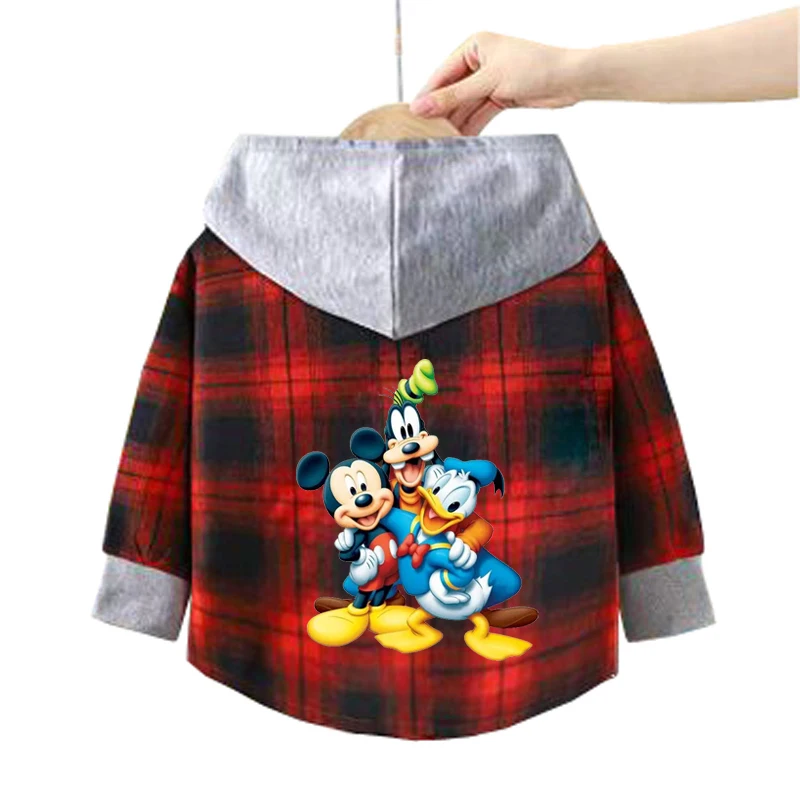 Children\'s Hooded Shirts Baby Boys Mickey Mouse Plaid Shirts Coat for Spring Autumn Girls Cartoon Jacket Bottoming Clothing