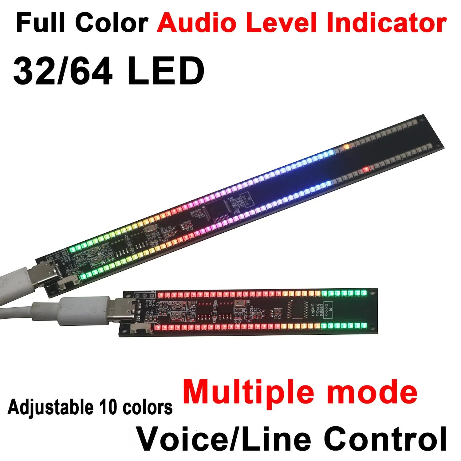 Dual 32/64/128 LED Colorful Audio Level Indicator Dynamic Rhythm Light Stereo Music Spectrum Display, Type-C USB Atmosphere Lamp