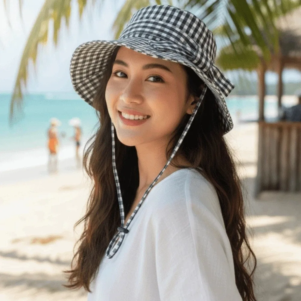 Versatile Korean Style Fine Plaid Fisherman Hat Bow Wide Brimmed Sunscreen Basin Cap Thin Versatile Folding Sun Cap Women