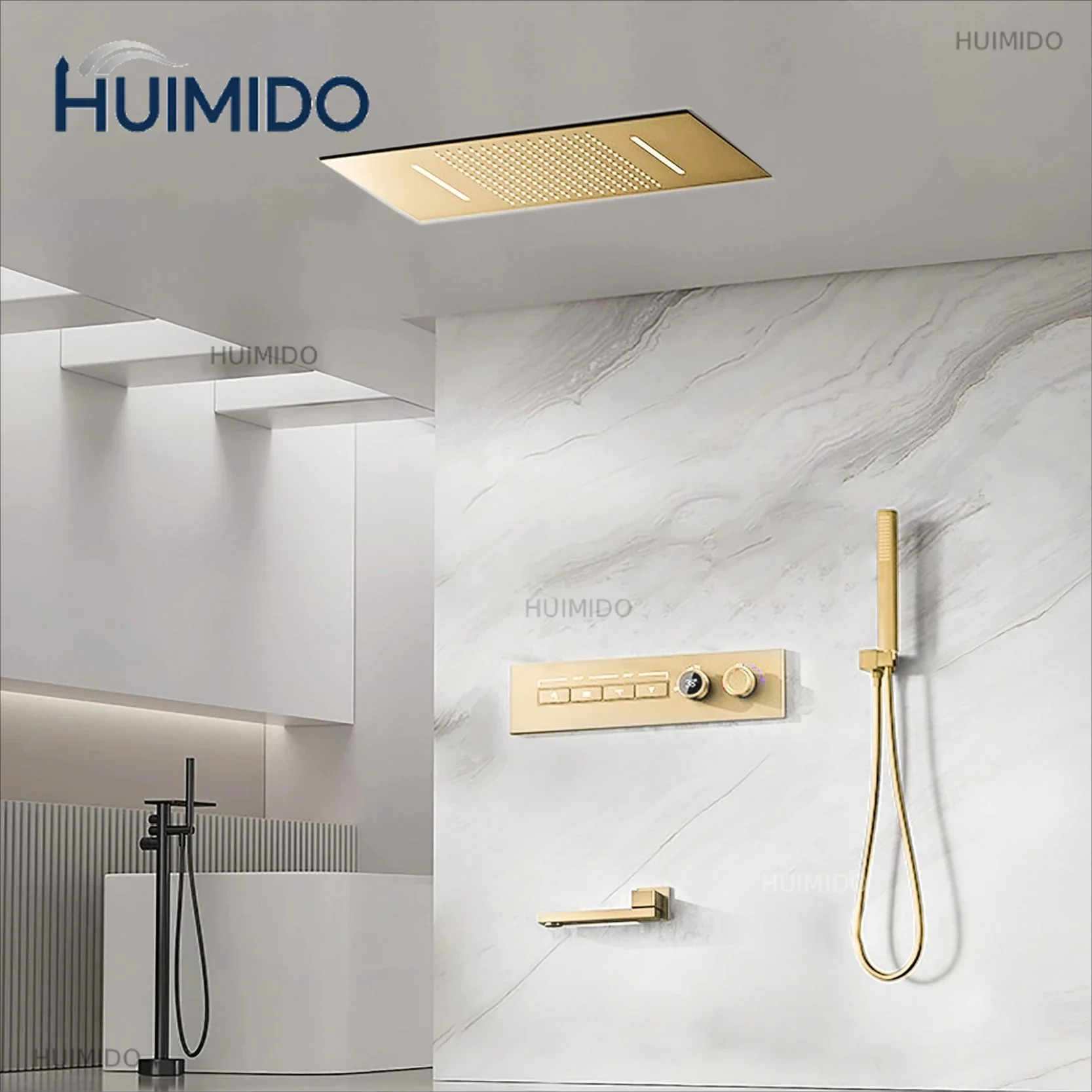 brushed gold brass LED digital ceiling embedded shower system. Thermostatic 4-function waterfall/rain shower bathroom Tap