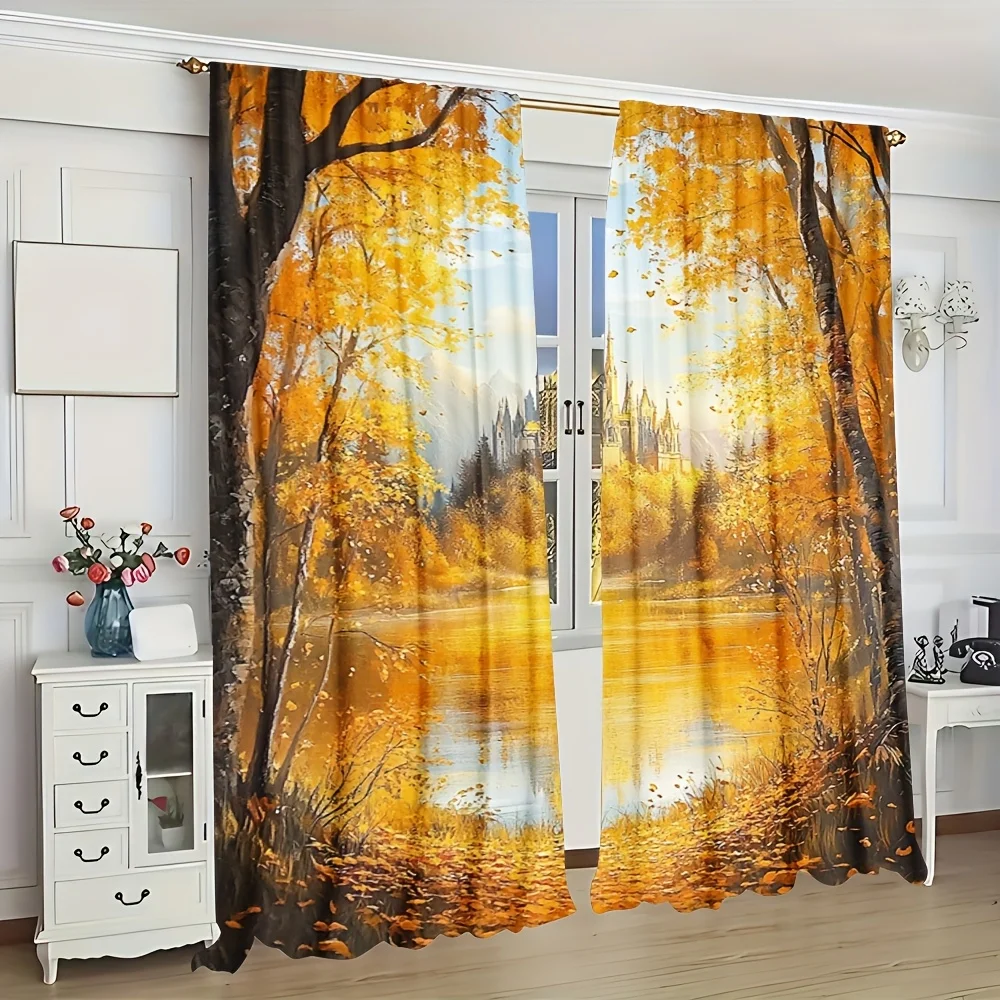 2pcs Autumn Maple Leaf & Cottage Scenery Curtains - 100% Polyester, Ginkgo Tree & Castle Print, Semi-Transparent, Machine Washab