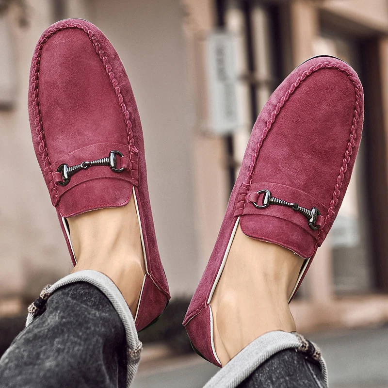 

British Style Fashion Red Men's Loafers Shoes Size 38-46 Quality Suede Leather Casual Shoes Men Slip-on Driving Shoes for Men