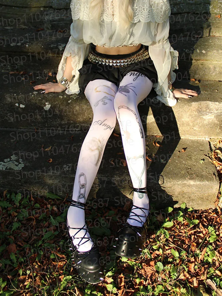 

American fashion printed slim fit pantyhose punk casual aesthetic white slimming gothic role-playing socks 2000s street vintage