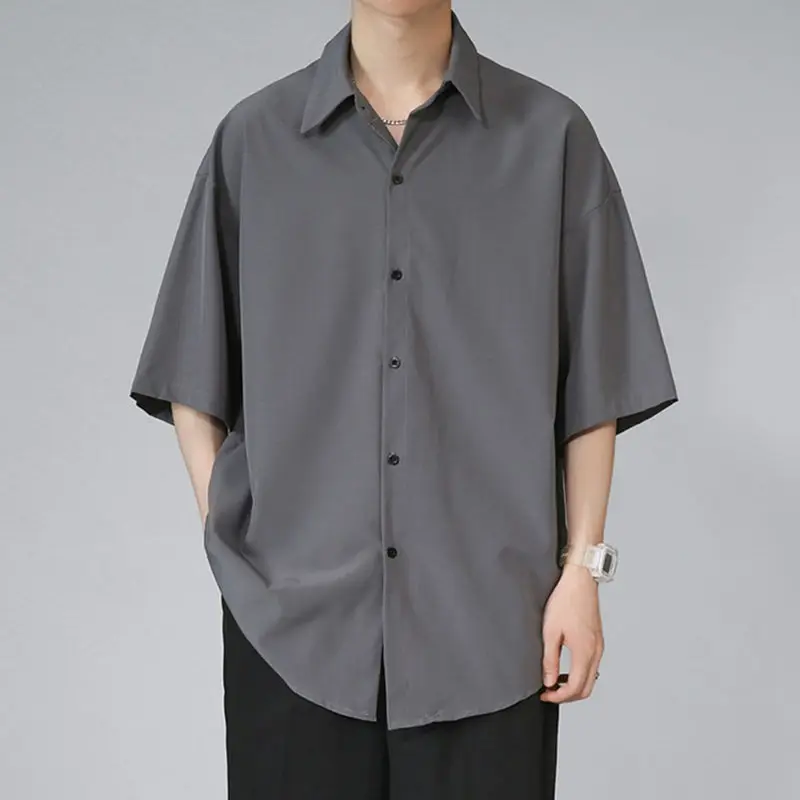 

2023 Summer Loose Lapel Casual Trend Men's Ice Silk All-match Korean Version Solid Color Breathable Button Short Sleeve Shirt