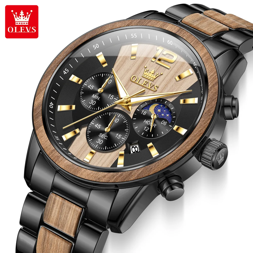

OLEVS Brand 2025 Fashion Wood Quartz Watch Men Relogio Masculino Top Brand Luxury Chronograph Military Watches Mens Gift Box