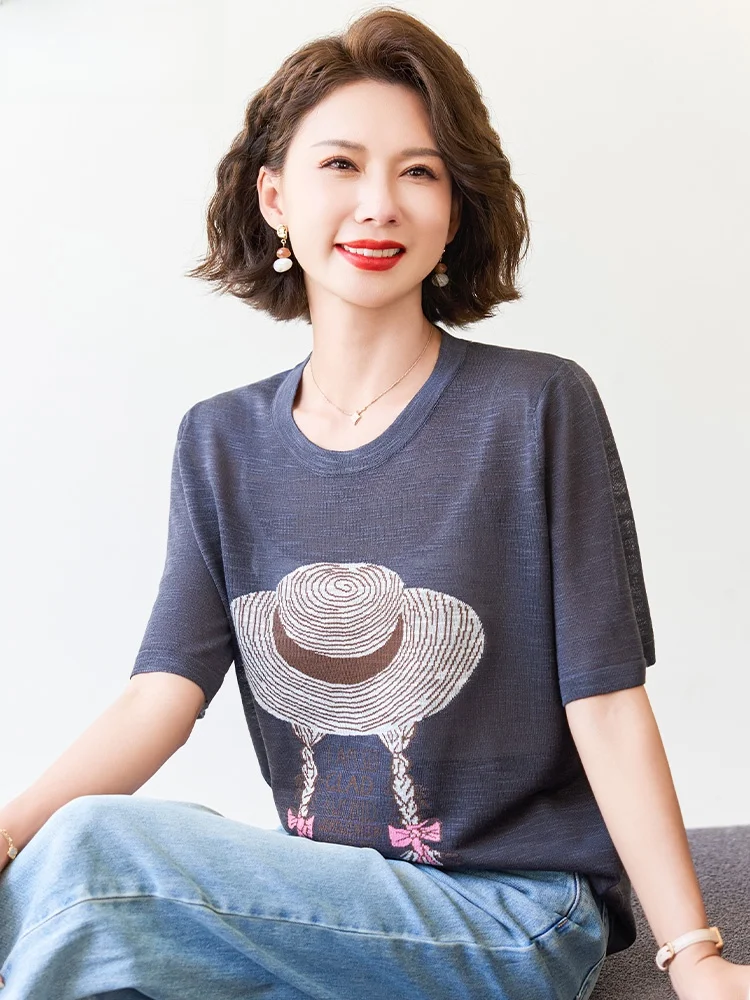 

Летняя модная одежда для мам: трикотажный топ из ледяного шелка с коротким рукавом, повседневный свободный крой, для женщин среднего и старшего возраста, мода 2025