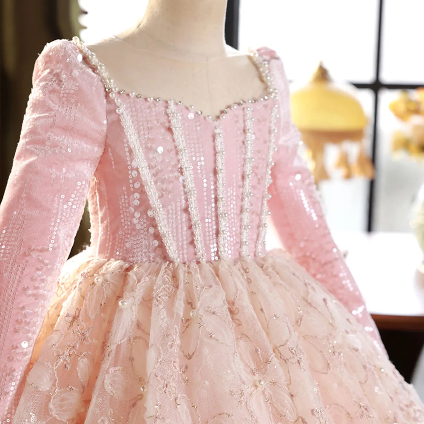 Jill Wish Luxus Rosa Langarm Perlen Prinzessin Geburtstag Mädchen Kleid Spitze für Kinder Geburtstag Hochzeit Festzug Party J292